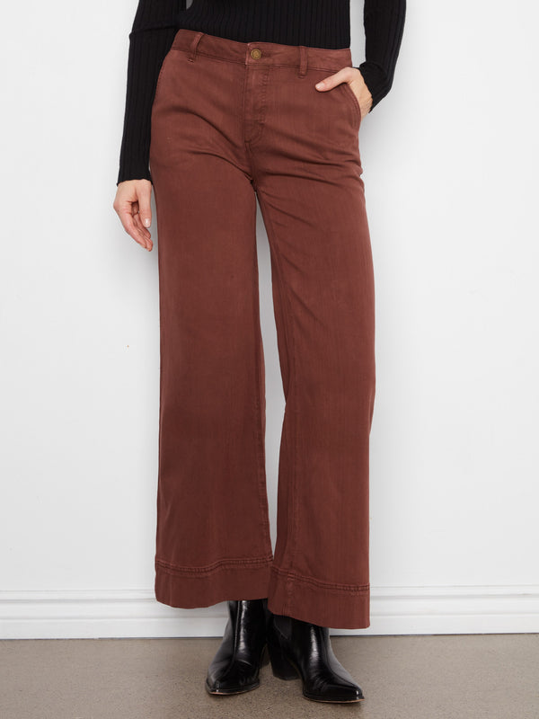 Pantalon à jambe large en sergé doux - Chocolat