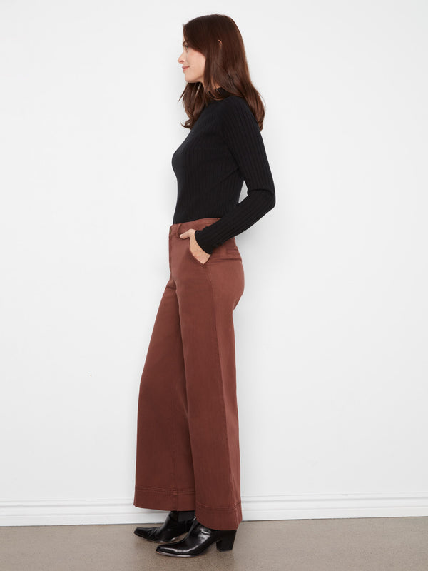 Pantalon à jambe large en sergé doux - Chocolat