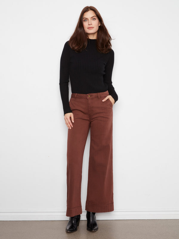 Pantalon à jambe large en sergé doux - Chocolat