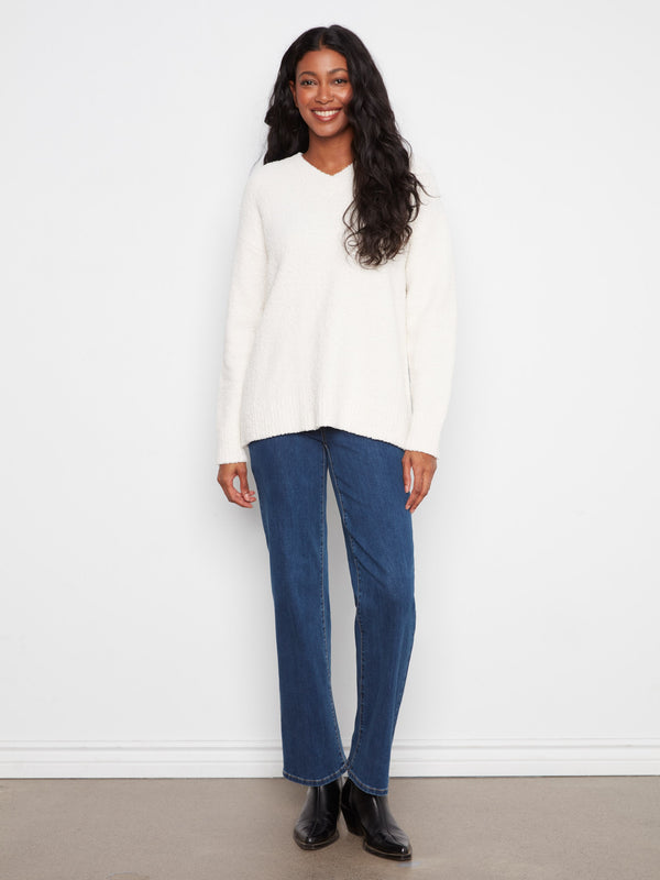 Soft Bouclé V-Neck Sweater - Ecru