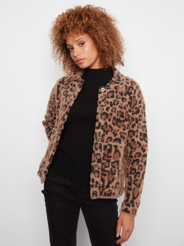 Leopard print jacket in a relaxed fit, showcasing its fashionable patch pockets and soft texture. By Charlie B.
