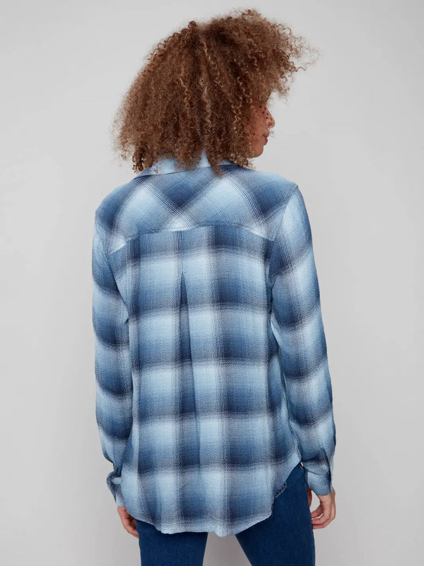 Soft Plaid Button-Front Blouse - Denim