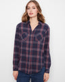Midnight plaid blouse featuring a classic shirt collar and soft cotton-tencel blend for ultimate comfort by Charlie B.