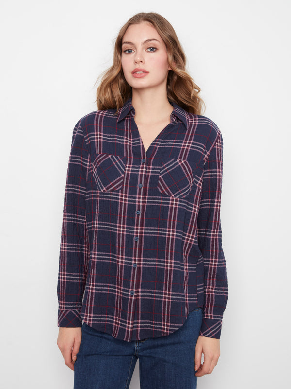 Blouse douce à carreaux avec boutons - Minuit