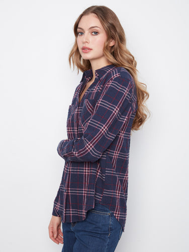 Elegant plaid shirt with button-front closure, perfect for versatile styling in any wardrobe by Charlie B.