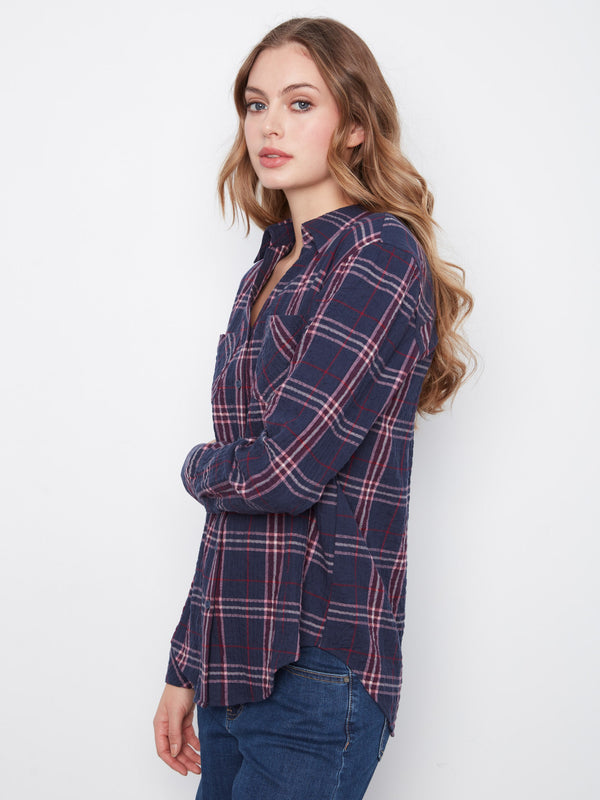 Blouse douce à carreaux avec boutons - Minuit