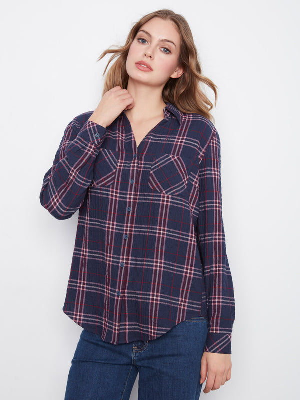 Blouse douce à carreaux avec boutons - Minuit