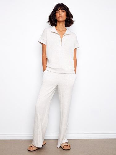 Elegant heather light grey top with unique blanket stitch detail and comfortable fit for everyday wear by Charlie B.