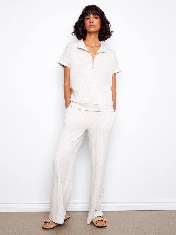 Elegant heather light grey top with unique blanket stitch detail and comfortable fit for everyday wear by Charlie B.