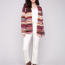 Space Dye Jacquard Cardigan featuring a drop shoulders design in vibrant jewel tones and geometric pattern by Charlie B.