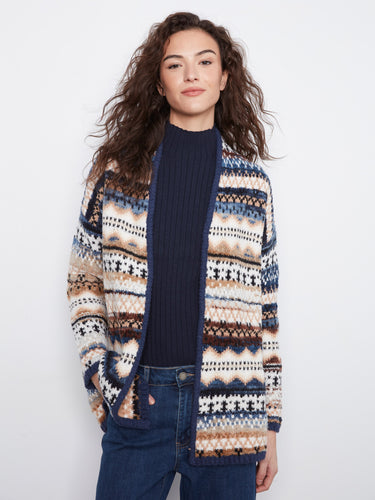 This cardigan features an open front design with a geometric pattern, perfect for layering. Crafted with long sleeves by Charlie B.