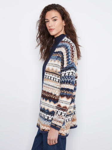 Designed with long sleeves and a striking geometric pattern, this cardigan offers both comfort and style by Charlie B.