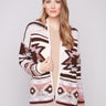 Rosewood cardigan with geometric pattern, featuring a drop shoulders design for a relaxed fit by Charlie B.