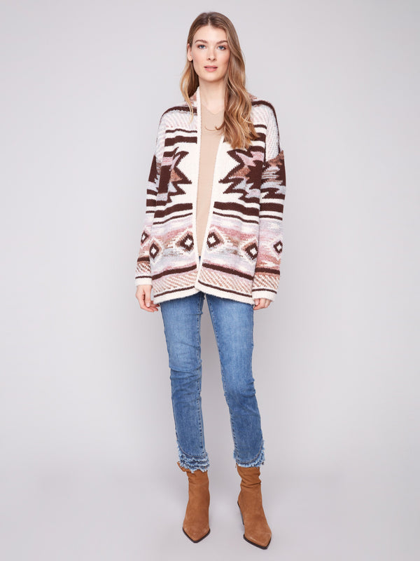 Elegant rosewood cardigan with geometric details and side seams pockets for added convenience by Charlie B.