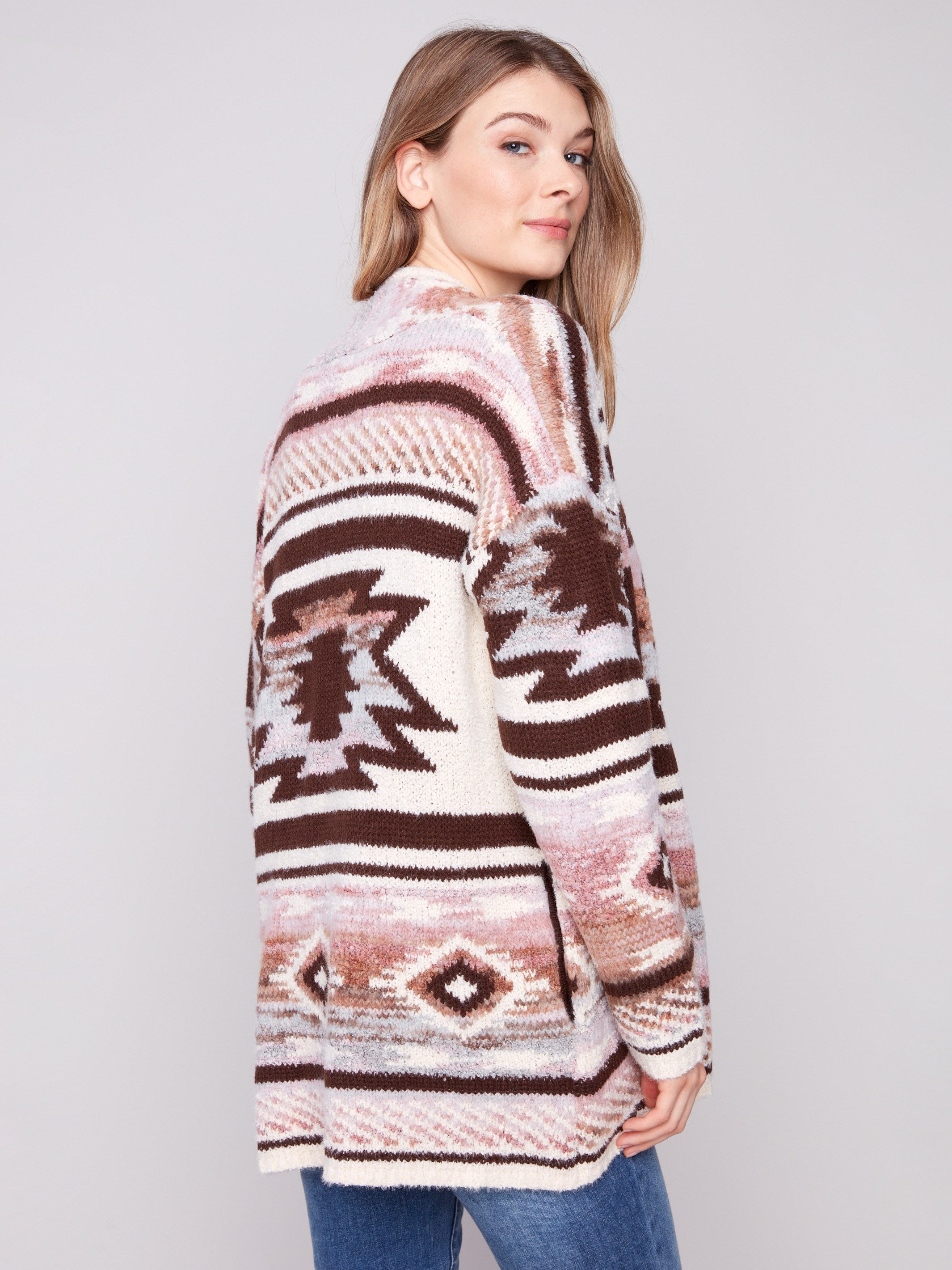 Stylish rosewood cardigan showcasing an open front design, perfect for layering by Charlie B.
