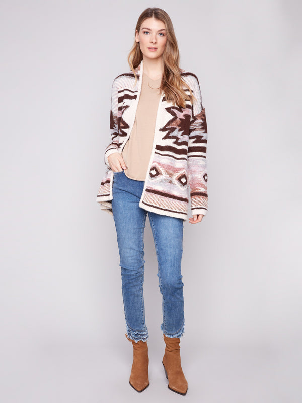 Chic jacquard cardigan in rosewood hues, designed with comfortable drop shoulders by Charlie B.