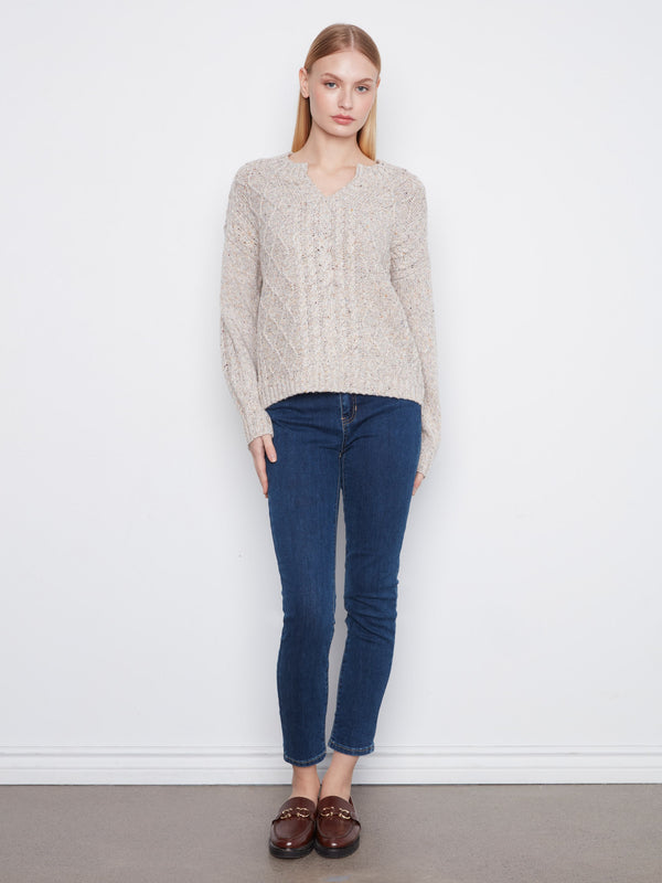 Chandail en tricot torsadé moucheté - Gris Népé