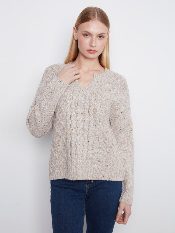 Chandail en tricot torsadé moucheté - Gris Népé