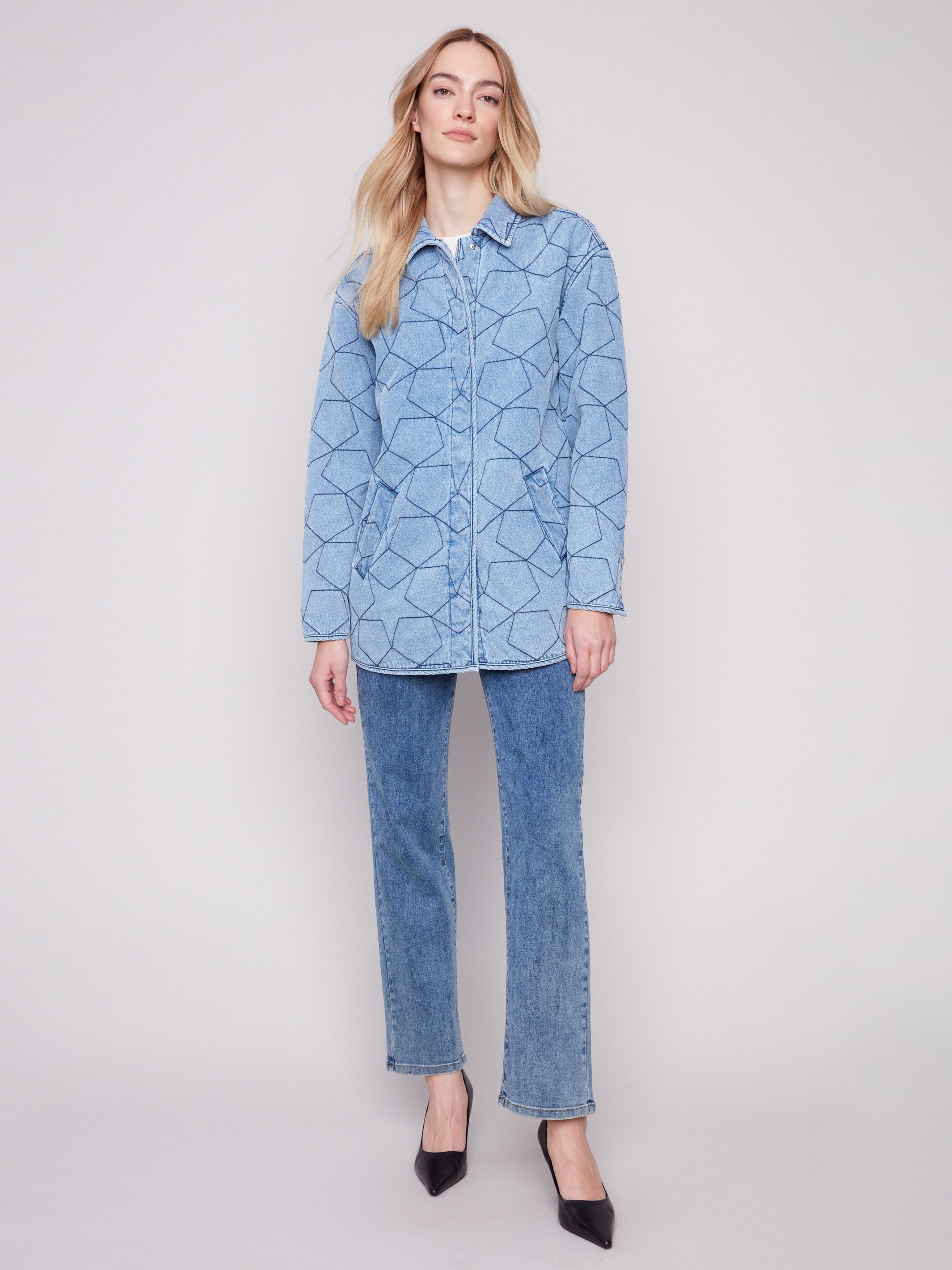 Denim jacket with a stylish shirt collar, featuring a star quilted pattern and snap button details by Charlie B.
