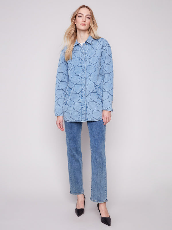 Denim jacket with a stylish shirt collar, featuring a star quilted pattern and snap button details by Charlie B.