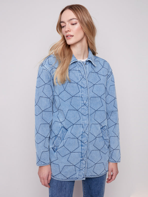 Stylish denim jacket featuring practical welt pockets for added convenience by Charlie B.