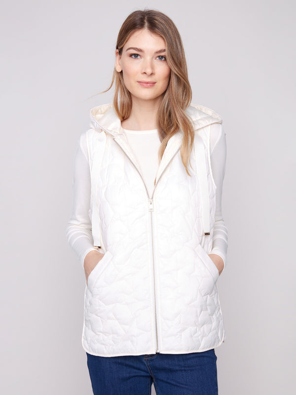 Ecru star quilted short vest showcasing a stylish hood with drawstrings and welt pockets, perfect for layering by Charlie B.