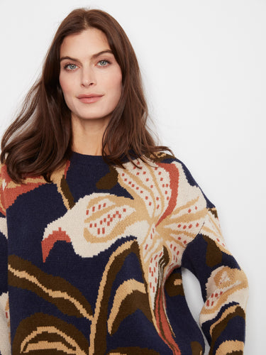 Elegant crew neck sweater in navy blue with drop shoulder design and rich floral print, adding a chic touch to your wardrobe by Charlie B.