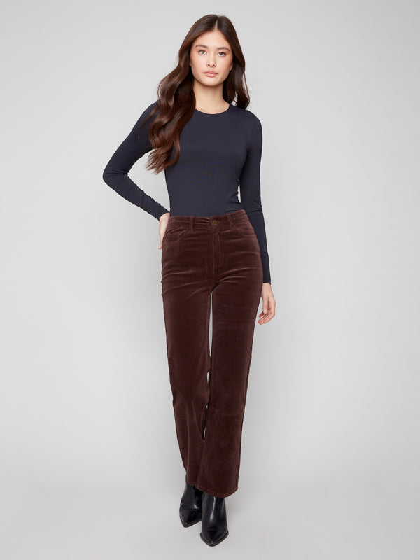Mocha corduroy pants with a straight fit and regular rise, offering a sleek silhouette by Charlie B.