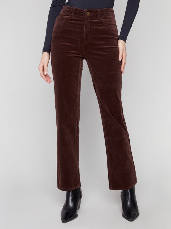 These pants feature long length in mocha stretch corduroy for comfort and style by Charlie B.