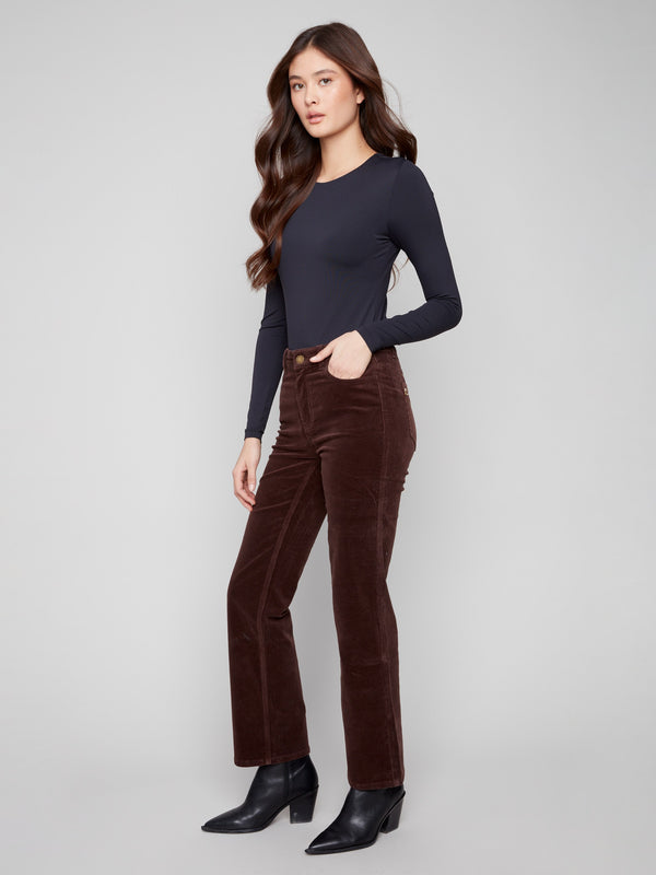 Mocha pants crafted with a five-pocket design, perfect for practicality and flair by Charlie B.