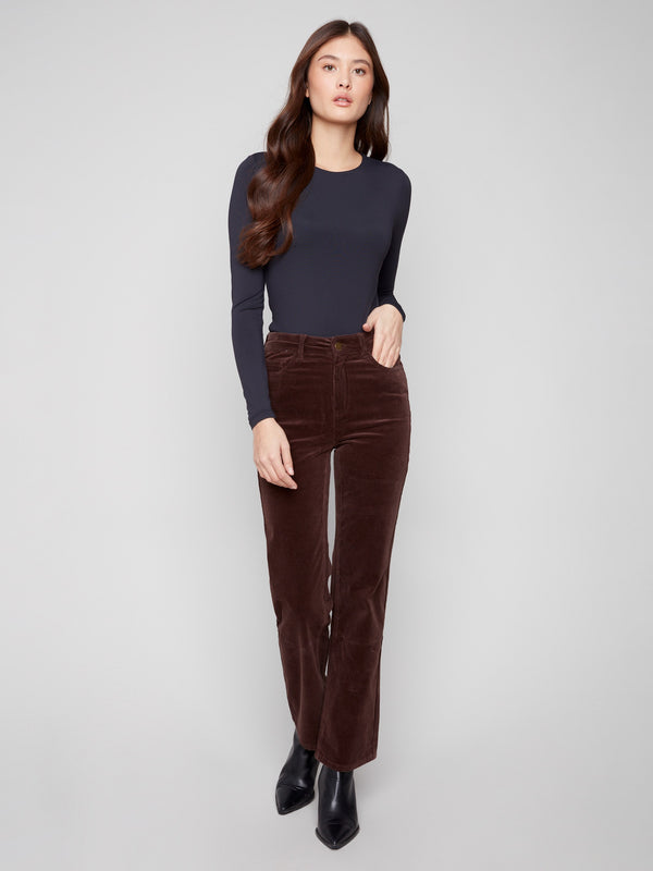 Designed with a regular rise, these mocha corduroy pants provide classic elegance by Charlie B.