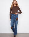 Regular rise jeans with eye-catching corduroy heart patches bring a unique flair to classic denim. Comfortable fit by Charlie B.