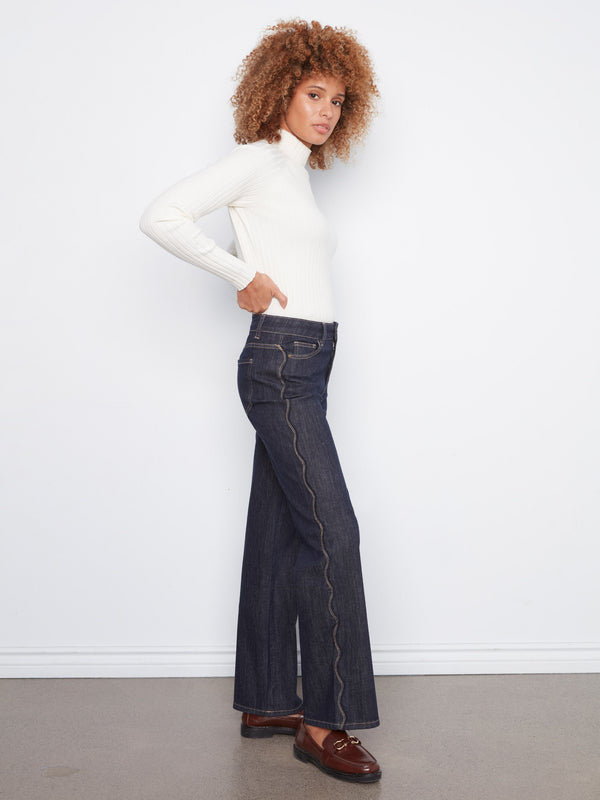 Jean droit à couture latérale festonnée - Bleu Profond