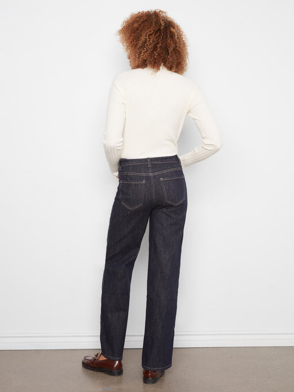 Jean droit à couture latérale festonnée - Bleu Profond