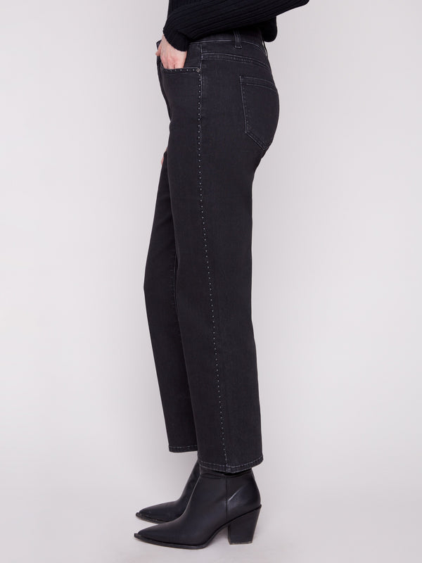 These charcoal jeans showcase a long length with stylish studs on the sides by Charlie B.
