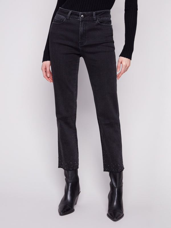 Straight Leg Rhinestone Jeans - Charcoal