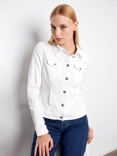 Elevate your wardrobe with this chic white denim jacket, designed with attention to detail and style by Charlie B.