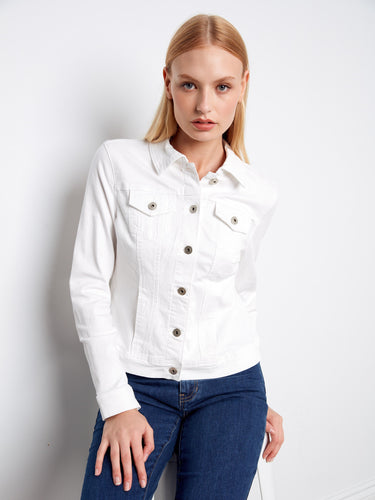 Stylish model in a crisp white jacket showcasing its detailed flap pockets and sleek design, paired with blue jeans by Charlie B.