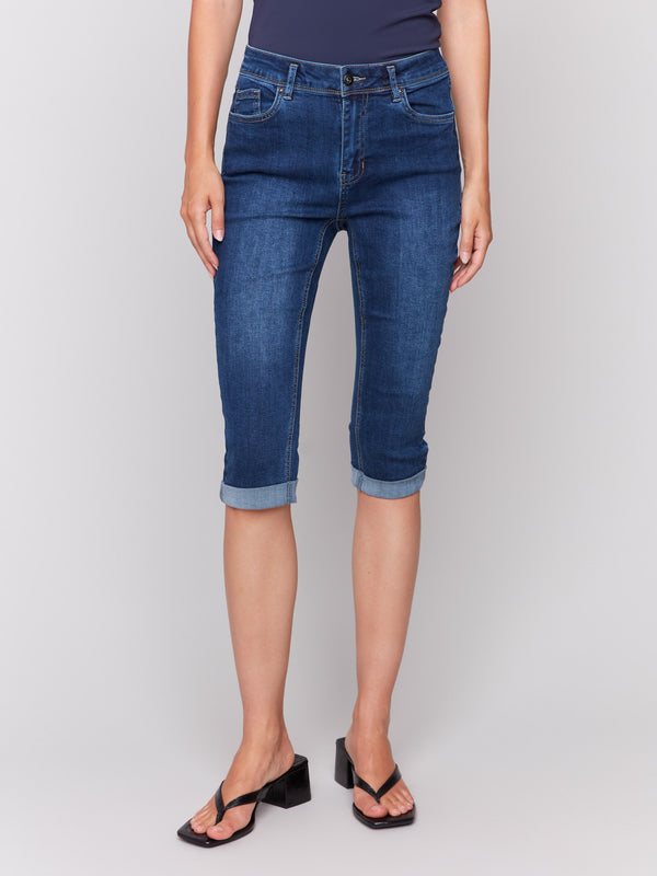 Cropped length denim pants for a chic summer look by Charlie B.