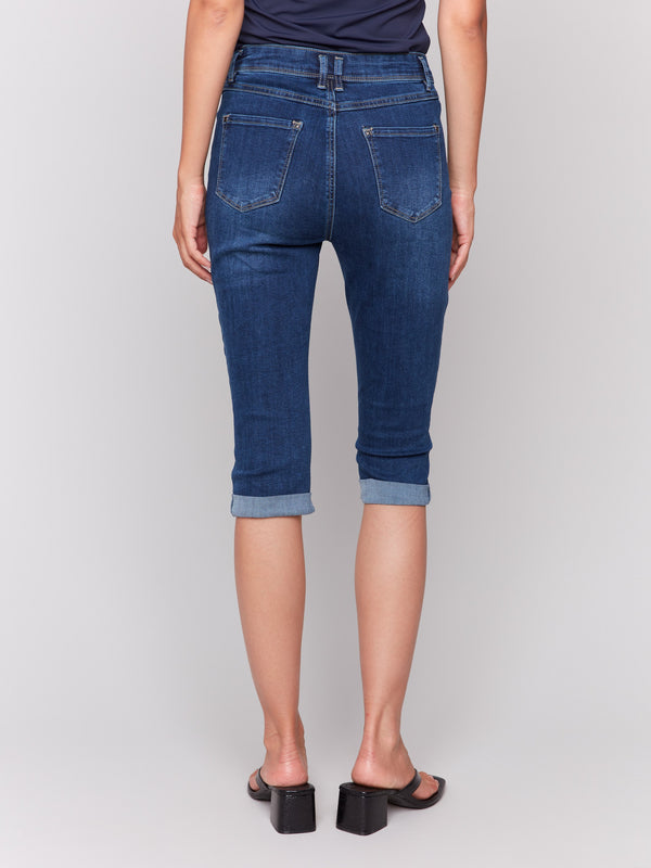 Slim fit indigo pedal pushers perfect for versatile styling by Charlie B.