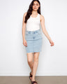 Light blue denim skirt with a regular rise, featuring five practical pockets for convenience. Designed by Charlie B.