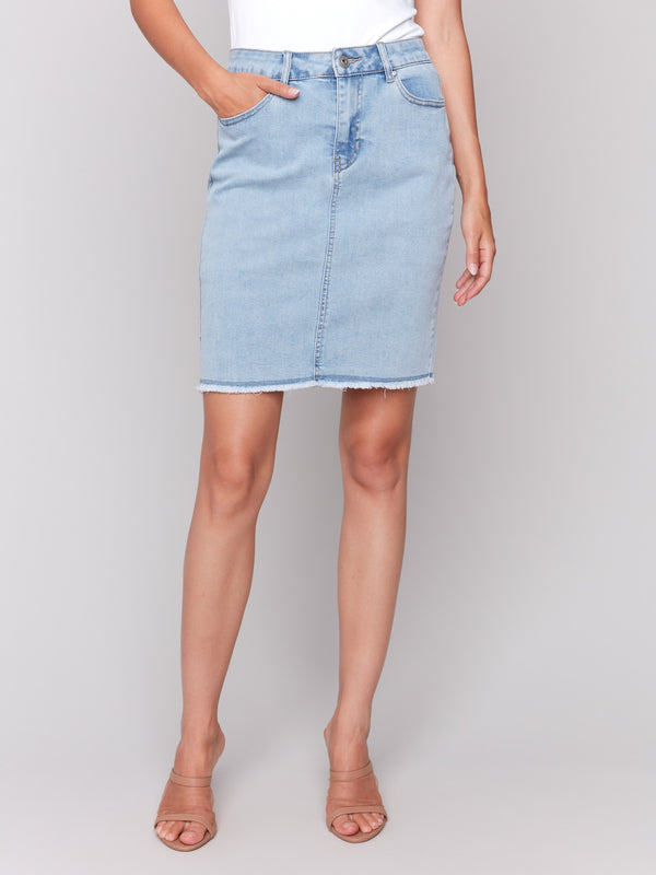 Short length skort featuring stretch denim by Charlie B.