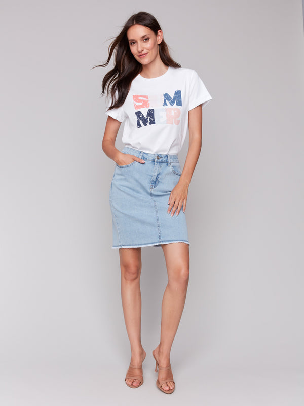 Stretch Denim Skort with Frayed Hem - Bleach Blue