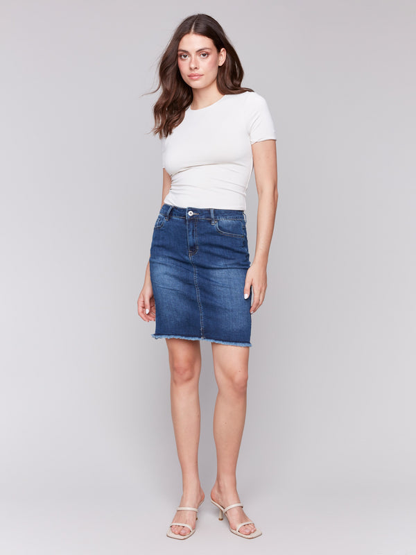 Indigo denim skort with slim fit and built-in shorts by Charlie B.