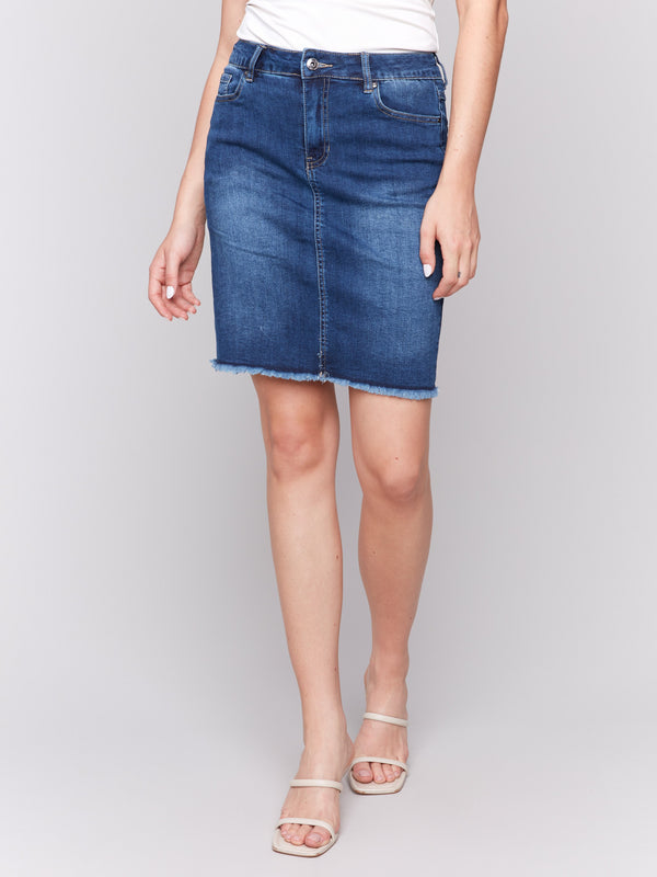 Indigo denim skort featuring short length and regular rise by Charlie B.