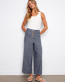 Indigo pants featuring a regular rise and button front, crafted from stretch linen for comfort and style by Charlie B.