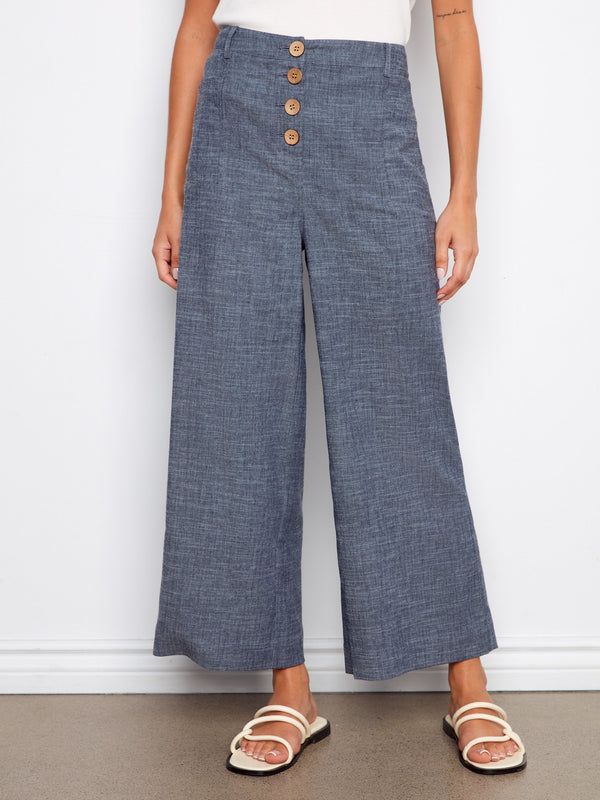Stretch Linen Wide Leg Button-Front Pants - Indigo