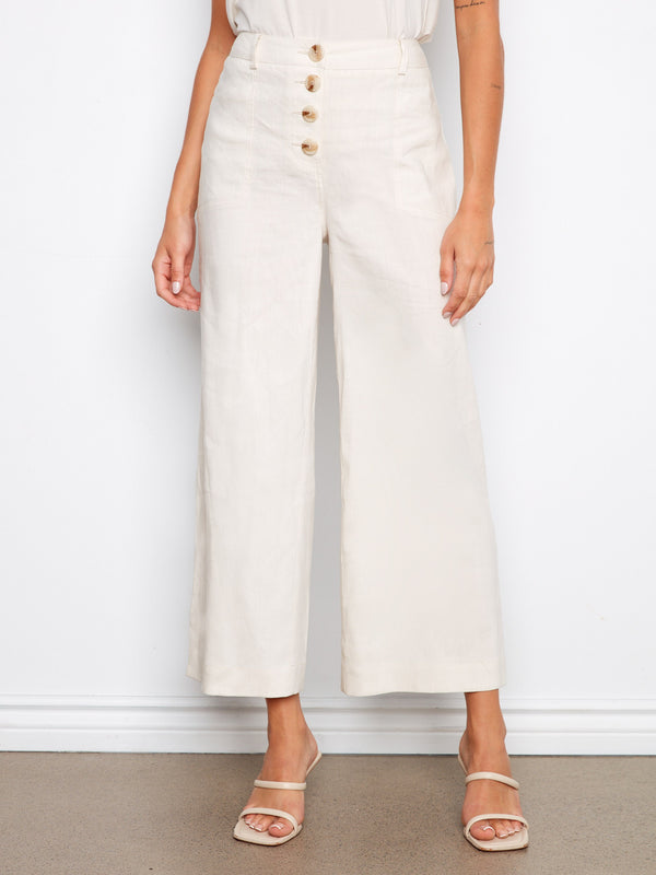 Stretch Linen Wide Leg Button-Front Pants - Natural