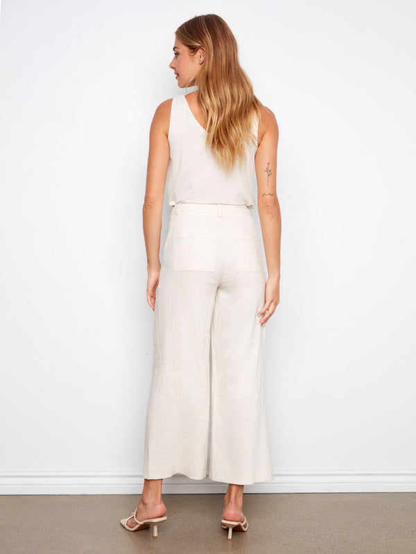 Stretch Linen Wide Leg Button-Front Pants - Natural