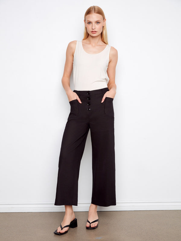 Stretch Linen Wide Leg Button-Front Pants - Black